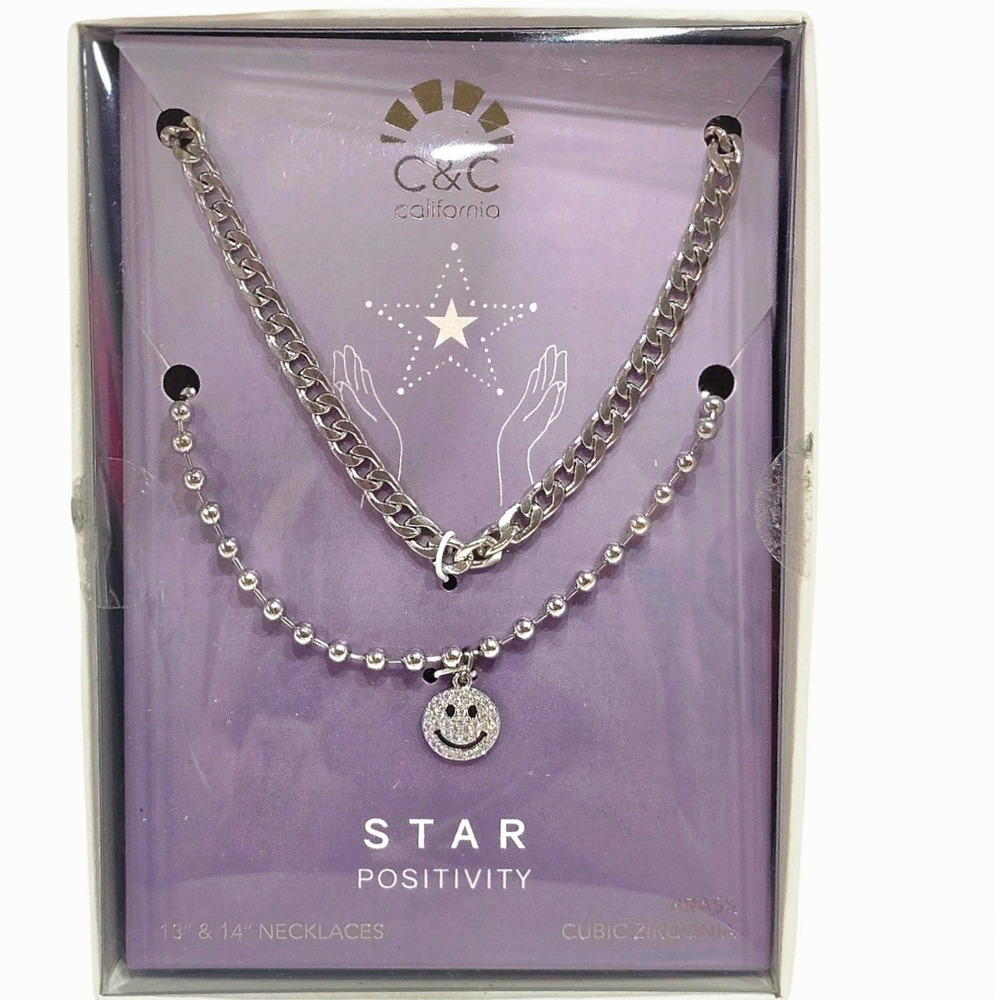 C & C California Positivity Rhinestone Smiley Face Necklace Set